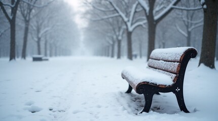 Snow-covered bench and chair in winter park