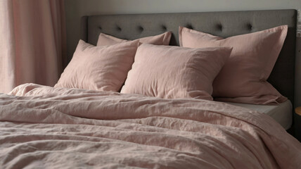 Pink Bed, Comfortable bed with pillows in luxurious bedroom, Cozy bed styled with soft pink, Pink Bed in Simple Background
