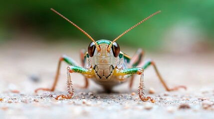 Fototapeta premium Close-up of a vibrant green and beige grasshopper.
