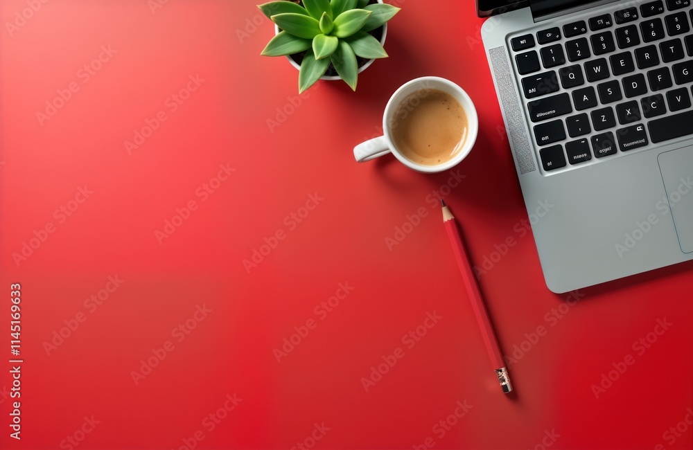 Fototapete top view of laptop computer with red pencil, cup of coffee on red desk. simple, modern workspace set