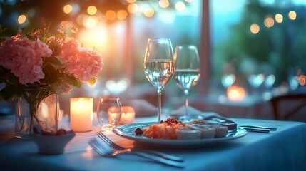 Side-angle view of an elegant table setting with pristine linens polished silverware and an artistic plated dish
