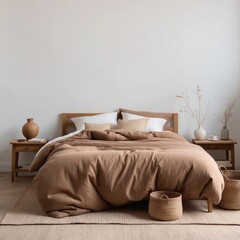 a cozy bedroom with a duvet, wooden furniture, and  accents in pantone 2025 color of the year mocha mousse