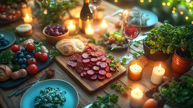 Overhead view of a fine dining table arranged with artistic plating premium tableware and soft candlelight