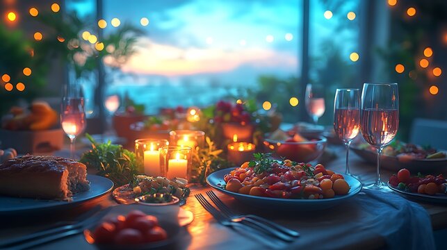 Overhead view of a fine dining table arranged with artistic plating premium tableware and soft candlelight