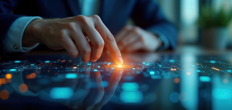 Person interacts with futuristic touch screen interface. Hand touches glowing button on high-tech display. Modern tech concept. Potential use for tech company design agency. Stylish image advanced