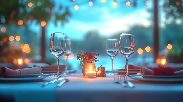 A clean fine dining table set with pristine linens artistic plating and sparkling glassware in a refined setting