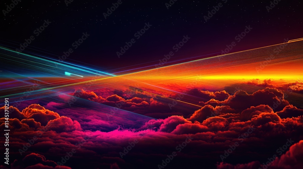 Poster neon-lit digital design: illuminated lines crossing clouds in a dark abstract background for a futur