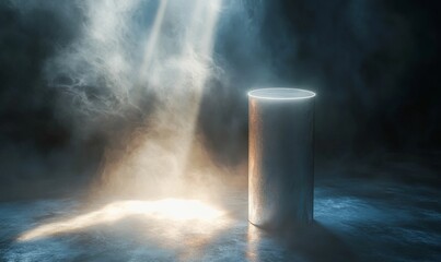 Cylindrical pedestal, smoky, illuminated, dark background.