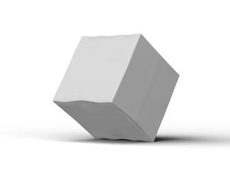 Rendered image of a small white cubic dented box on a light background