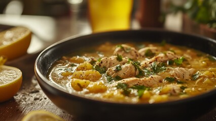 Delicious chicken dish served with herbs and lemon on a wooden table