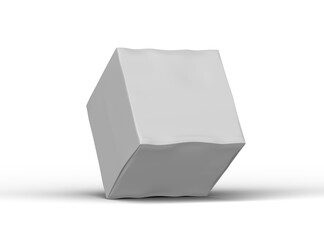 Rendered image of a small white cubic dented box on a light background