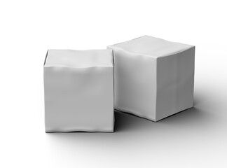 Rendered image of a small white cubic dented box on a light background