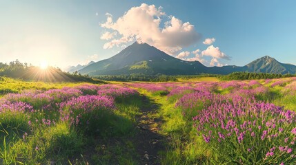 Obraz premium Scenic view of a mountain surrounded by vibrant purple flowers at sunset.