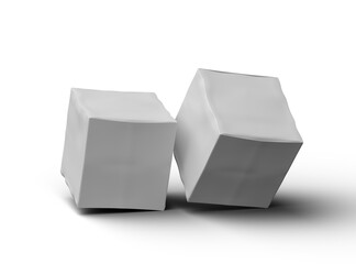 Rendered image of a small white cubic dented box on a light background