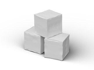 Rendered image of a small white cubic dented box on a light background
