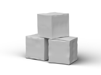 Rendered image of a small white cubic dented box on a light background