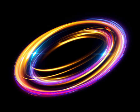 Glow swirl light effect. Circular lens flare. Abstract rotational lines. Power energy element. Luminous sci-fi. Shining neon lights. Magic arena. Swirl trail effect. Glint scene. Dynamic ellipse.