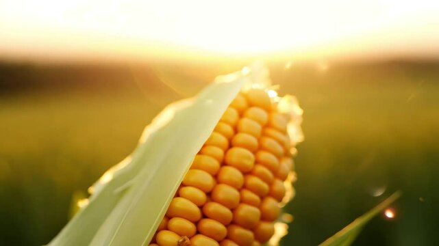Golden corn cob ripening, swaying gently in sunlit field, warm sunset light casting golden glow across peaceful agricultural landscape