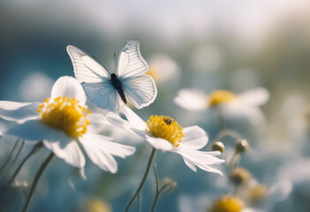 Fototapeta premium Detail with shallow focus of white anemone flower with yellow stamens and butterfly in nature macro