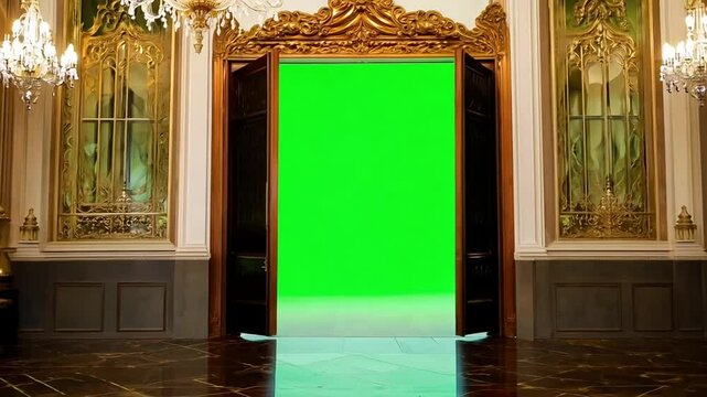 Opulent palace double doors revealing verdant green screen backdrop, enabling seamless visual effects compositing