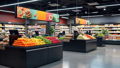 Modern supermarket interior with self-checkout counters, digital signage. Displays promotions on colorful screens. Fresh produce displays filled with vibrant fruits, vegetables. Aisle layout clean,