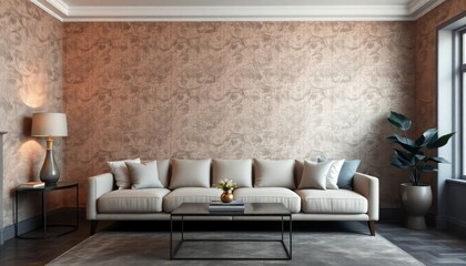 Luxury Living Room Wallpaper with textured, luxurious patterns in rich shades. The skirting boards are painted in dark gray, adding depth and elegance to the high-end aesthetic