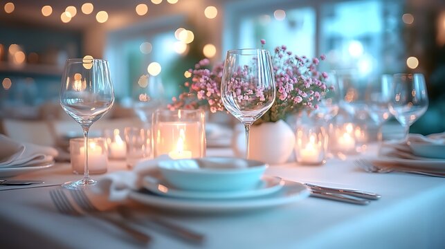 Side-angle shot of a clean luxurious dining table set with neutral linens artistic plating and crystal glasses under soft candlelight