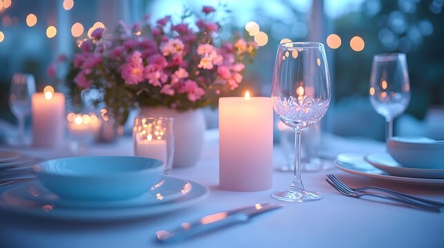 Side-angle shot of a clean luxurious dining table set with neutral linens artistic plating and crystal glasses under soft candlelight