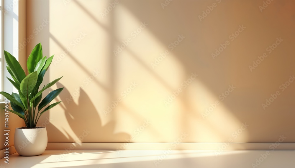 Aufkleber Empty room with beige wall. Sunlight streaming through window casts soft shadows. Potted plant in corner. Ideal for product presentation. Modern minimalist design. Simple backdrop. Suitable for