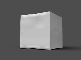 Rendered image of a small white cubic dented box on a dark background