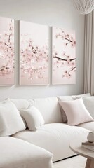 Bright living room showcases three pink flower posters above a light grey sofa and a coffee table, creating a serene atmosphere