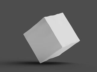 Rendered image of a small white cubic dented box on a dark background