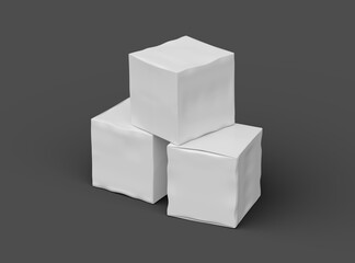 Rendered image of a small white cubic dented box on a dark background