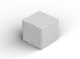 Rendered image of a small white cubic dented box on a transparent background