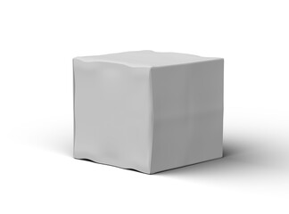 Rendered image of a small white cubic dented box on a transparent background