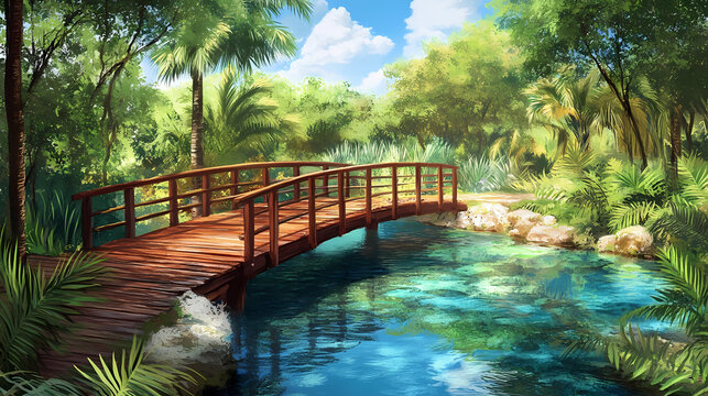Idyllic oasis with crystal clear water, wooden bridge, lush surroundings, ocala national forest, central florida. Oasis. Illustration
