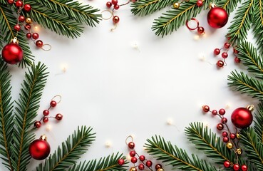 Festive Christmas decor frame on white background. Fir branches, red baubles, berries, fairy lights create joyful atmosphere. Perfect for holiday cards, invitations, social media. Ideal for winter