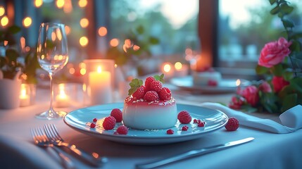 Overhead shot of a clean luxurious dining table featuring folded napkins premium cutlery and a vibrant plated dessert under soft candlelight