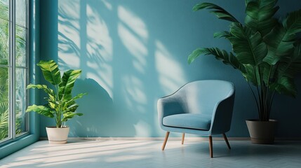 armchair in a blue colored room with plants