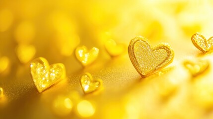 Golden hearts scattered on gold background.