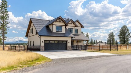 Fototapeta premium Modern farmhouse with dark metal roof, cream siding, and attached garage on a rural property.