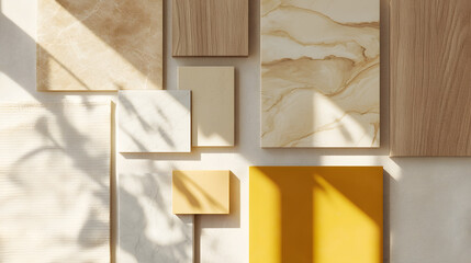A minimalist flat lay of light wood panels beige lines veined marble and yellow ceramic accents.