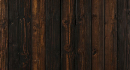 Naklejka premium Dark wooden texture or background with vertical planks. Burnt effect, wooden surface or wall. Rustic wood board. Top or front view. For banner, poster, advertising, design