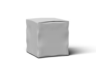 Rendered image of a small white cubic dented box on a transparent background