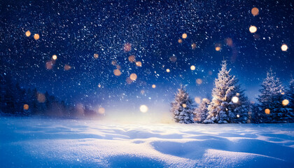 snowy snowfield, fantastic, sparkling, crystal, night, white, glow, star, Christmas, winter, tree, forest, illustration