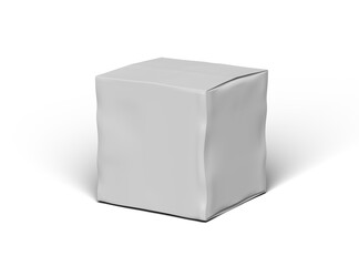 Rendered image of a small white cubic dented box on a transparent background