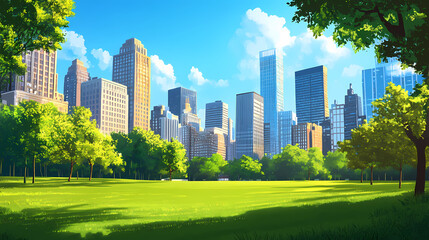 Obraz premium Lush green urban park with manicured lawn stretching towards modern city skyline peaceful oasis amidst bustling metropolis perfect for relaxation and recreation. Oasis. Illustration