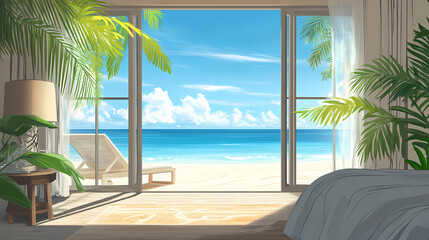 Luxurious bedroom oasis overlooking peaceful beachfront and ocean. Oasis. Illustration