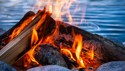 bonfire, burning, waterside, fire, wood, wood, charcoal, ash, stone, warm, healing, close-up