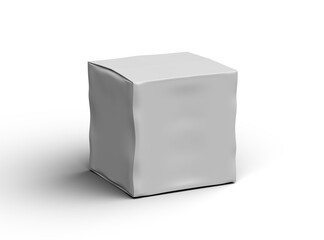 Rendered image of a small white cubic dented box on a transparent background